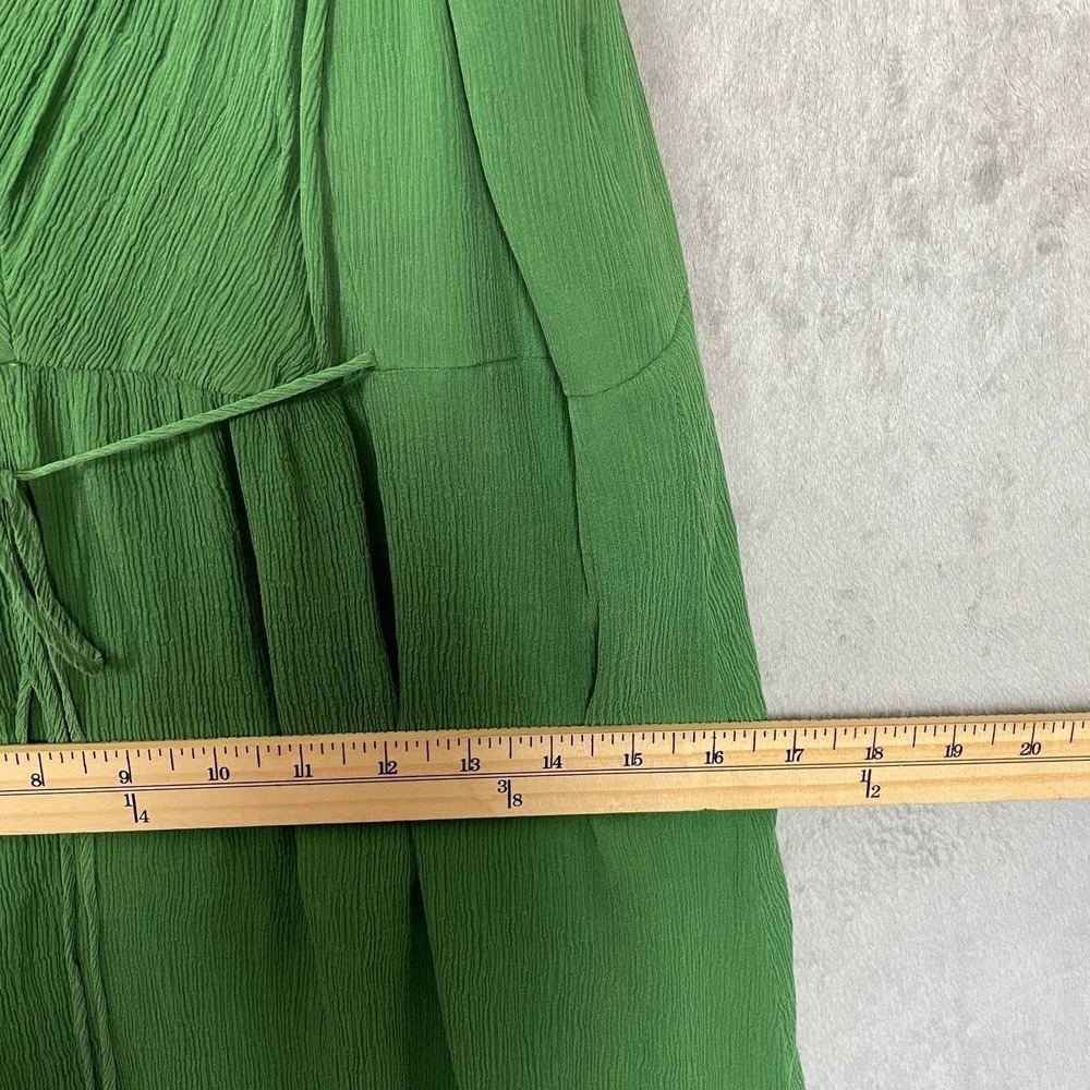 Forest Fairy Y2K Crinkle Silk Midi Babydoll Dress Tie Waist Green Summer Large - Picture 4 of 7